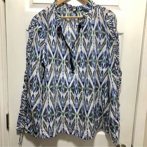 Chico’s Anniversary Itak Print Tunic with Beaded Neckline and Ruched Sleeves